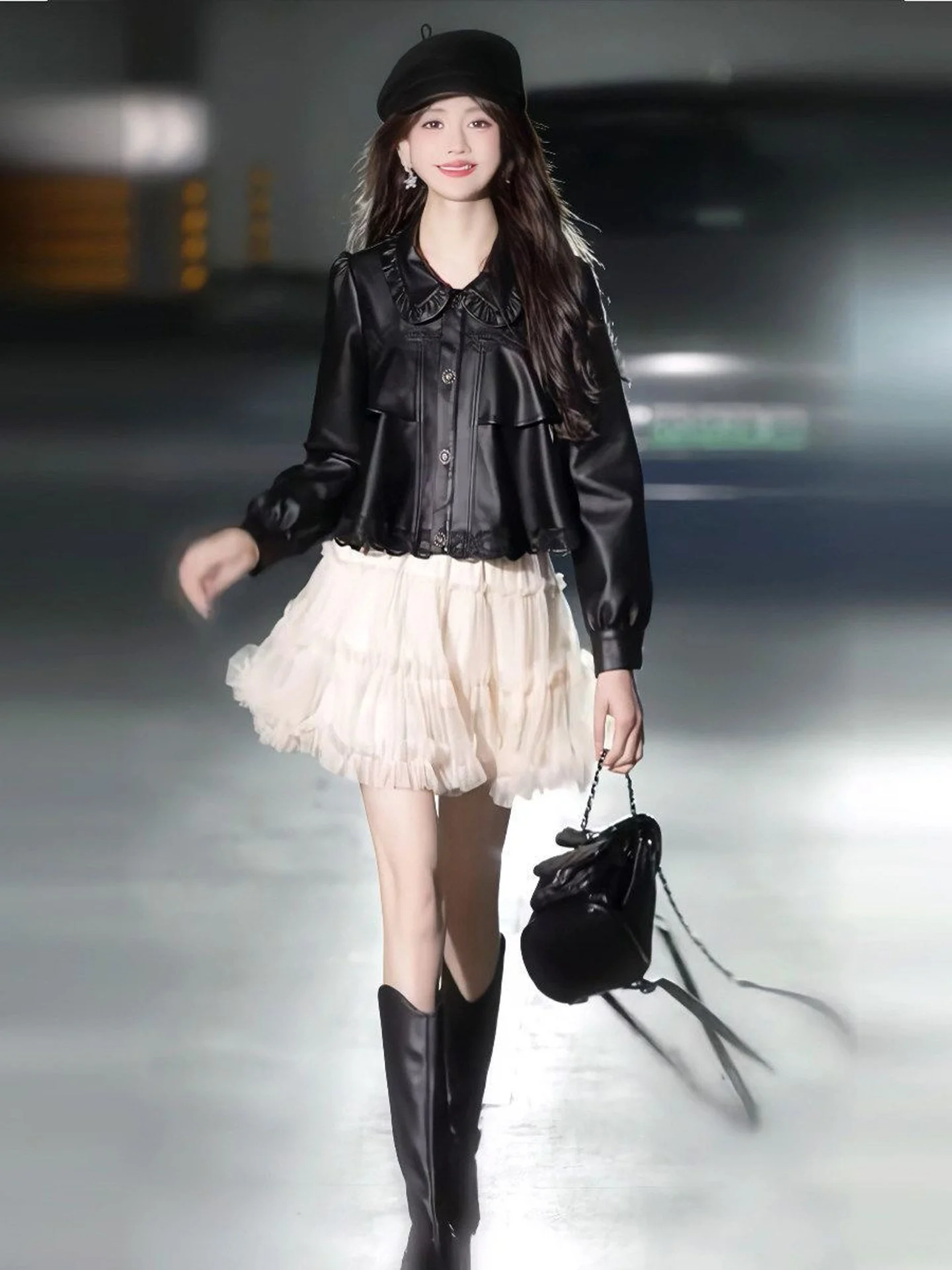 Stylish Short Black Leather Jacket Women's Korean Version Doll Collar Motorcycle Jacket Windproof Casual Loose Fit Outerwear