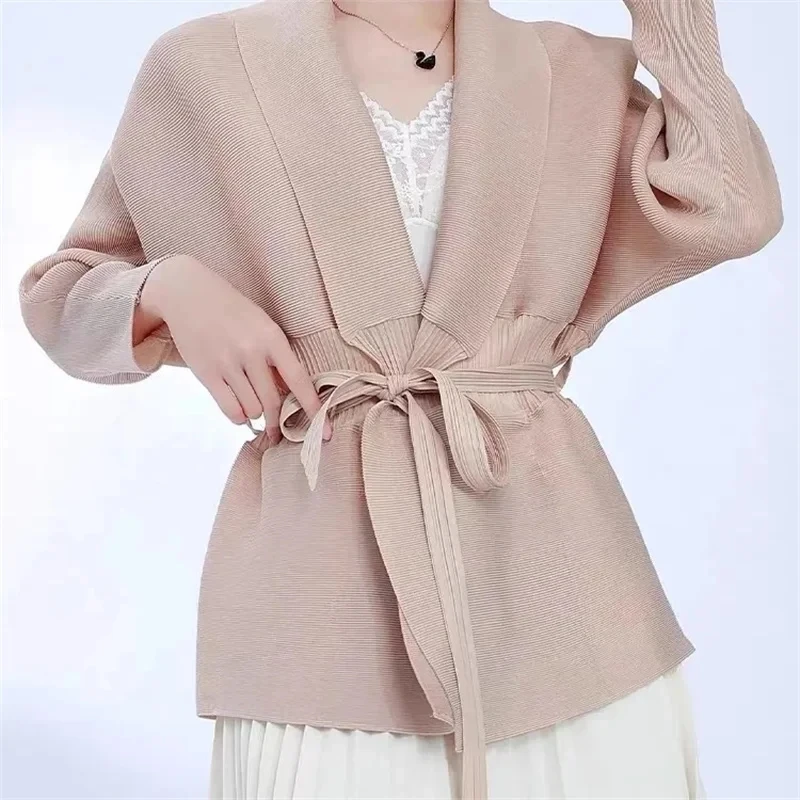 2024 cappotto corto da donna con risvolto primavera autunno nuova elegante giacca Cardigan a maniche lunghe con lacci moda capispalla allentata top donna