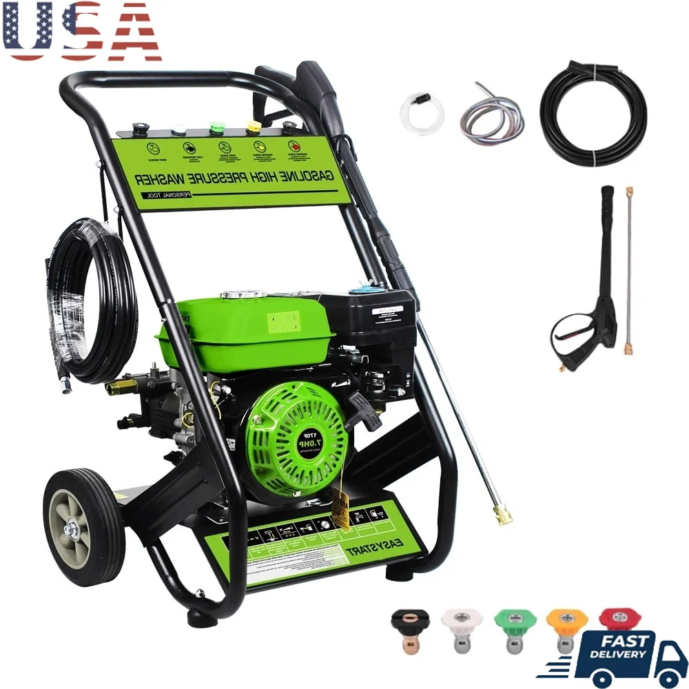 

Газовая мойка высокого давления 2600PSI, 1,7 галлонов в минуту, очиститель высокого давления, 5 насадок, резервуар для моющего средства, вездеходные колеса, компактное хранилище для наружного использования