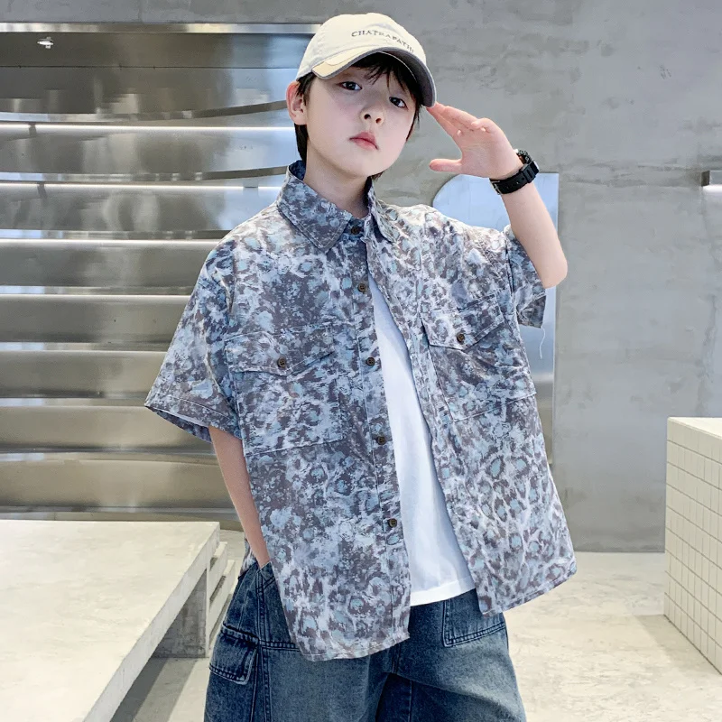 New Summer Children y2k Leopard Print Shirt for Teens Boy High Fashion Street Style Clothing Kids Stylish Leopard Blouse 5-14 Y