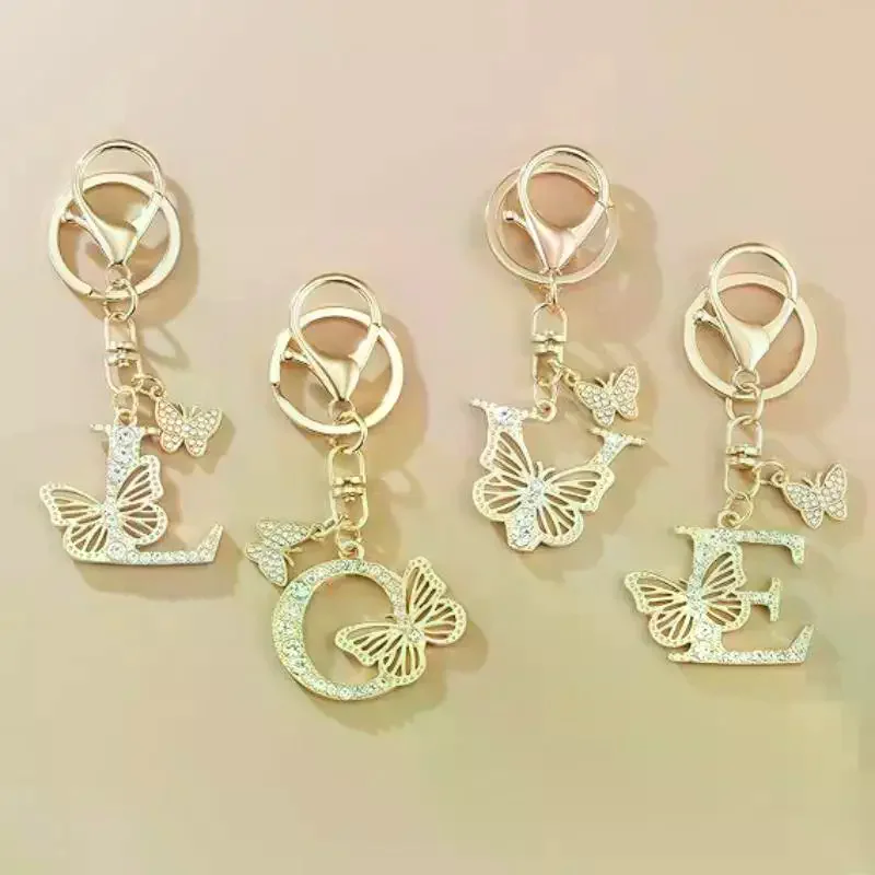 Exquisite Women Capital Letters Charms Keychain Initial 26 A-Z Butterfly Rhinestone Keyring Bag Decoration Pendant Girl Gift