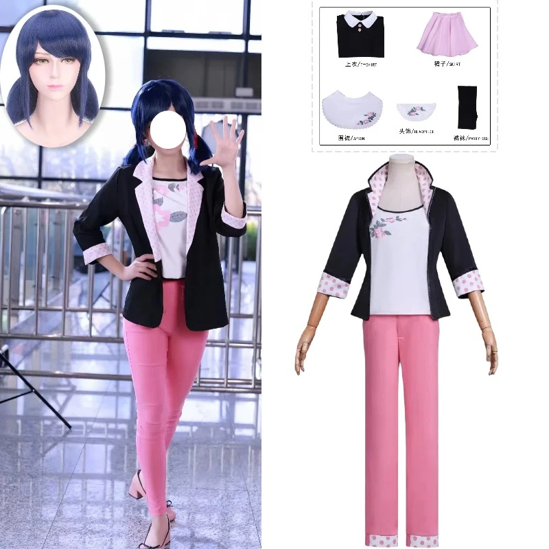 

Anime Marinete Cosplay Costume White Lining Black Coat Pink Pants Wig Set for Women Role Play Outfit Halloween Carnival Party