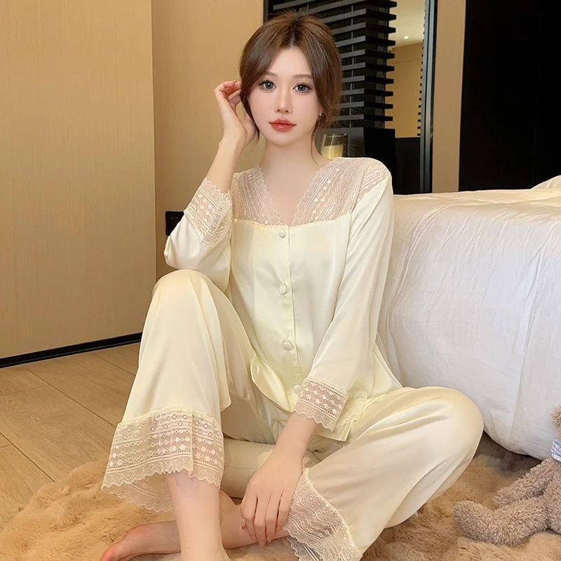 Women's Pajamas Sets Faux Satin Silk Pyjama Spring Summer Pijama Ladies Sleepwear Longsleeve Shirt Pants 2 Piece Pjs Homewear