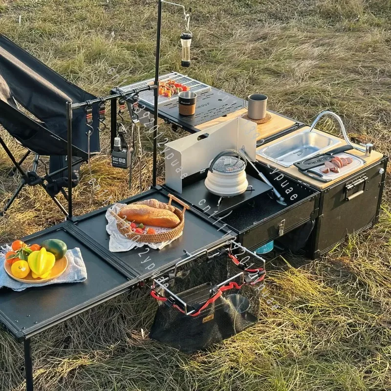 Multifunctional Outdoor Mobile Kitchen Box, Wheeled Folding Table for Camping Picnic BBQ Grill
