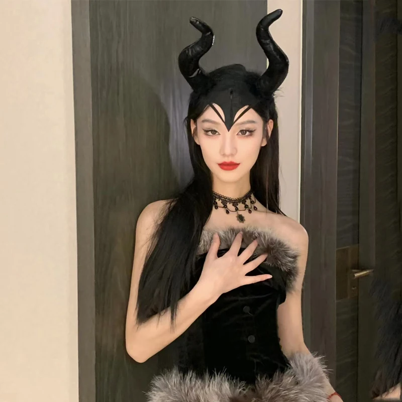 Maleficent czarna królowa Cosplay ciemna czarownica demon róg naszyjnik zestaw akcesoriów Halloween rekwizyty do Cosplay gotyckie akcesoria do włosów