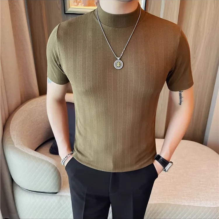 Pinstripe Semi Turtleneck Elastic T-shirt High Quality Men Summer New Slim Fit Short Sleeved Casual Tees Shirt Streetwear 4XL-M