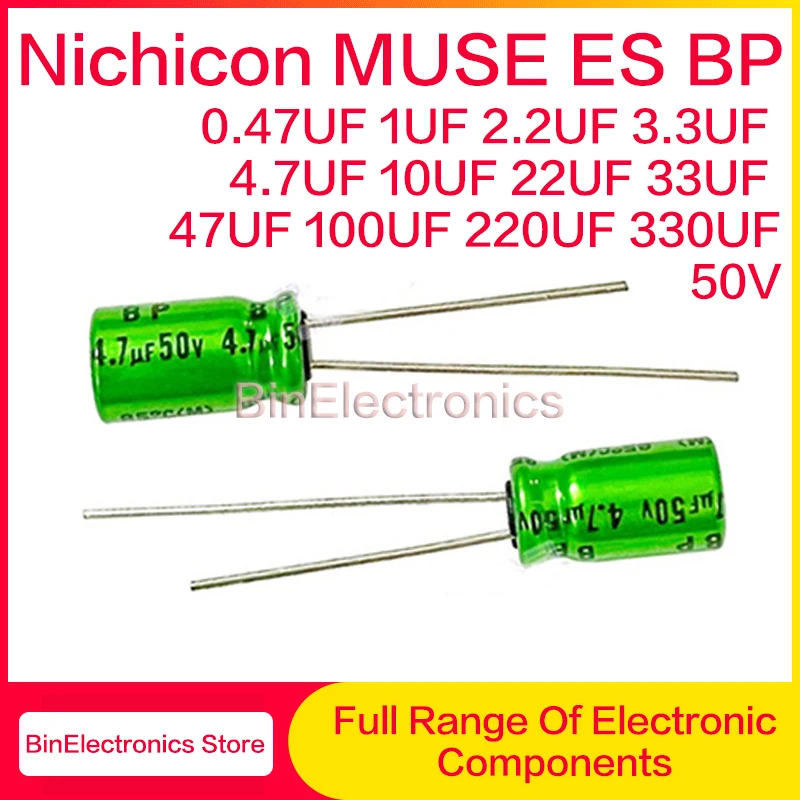 10Pcs 50V2.2UF Nichicon MUSE ES BP HiFi Audio Capacitor 0.47UF 1UF 3.3UF 4.7UF 10UF 22UF 33UF 47UF 100UF 220UF 330UF 50V Green