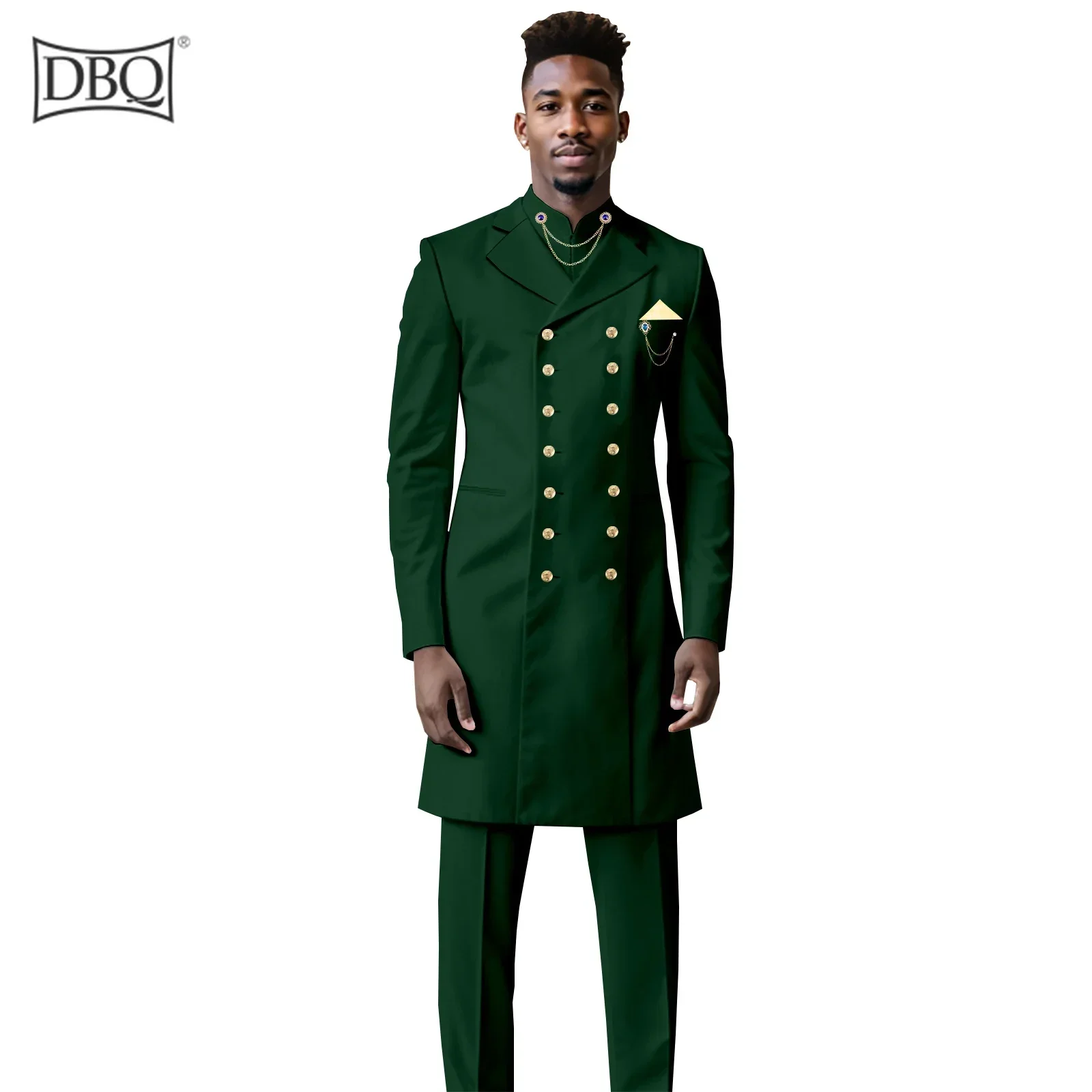 DBQ Men`s Suit Chain Double Breasted Chain Kerchief Blazer and Pants 2 Piece Set Dashiki Outfits African Clothing