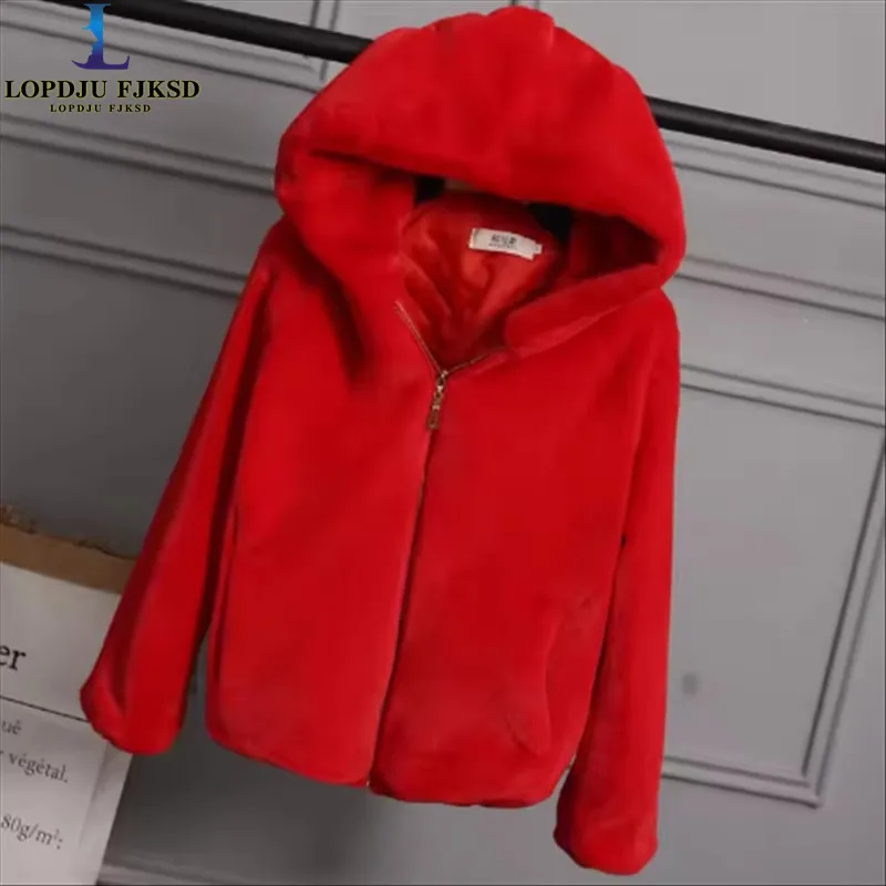 2026 Faux Fur Coat With Hood High Fashion Black Red Pink Faux Fake Fur Jacket Rabbit Fur outerwear new products