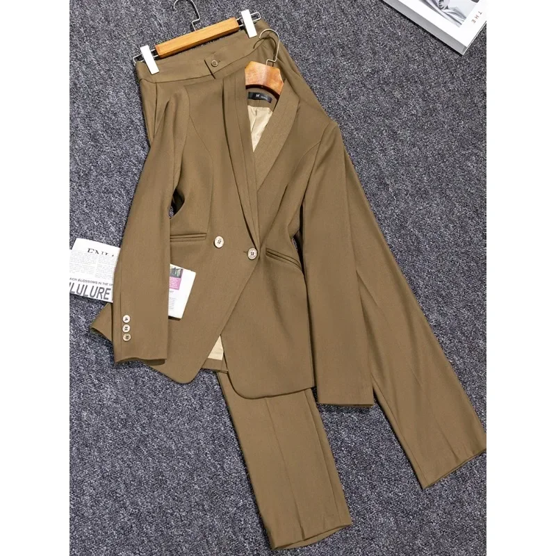 Conjunto de 2 piezas para mujer, traje de pantalón de oficina marrón, abrigo Formal con abertura en la espalda, chaqueta de doble botonadura, Otoño e Invierno