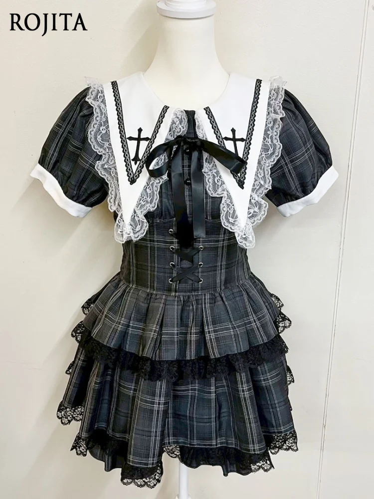 

Japanese Gothic Black and White Plaid Lolita Skirt and Shorts Sets Lace Doll Collar Puffy Skirt Two Piece Sets Womens Outifits