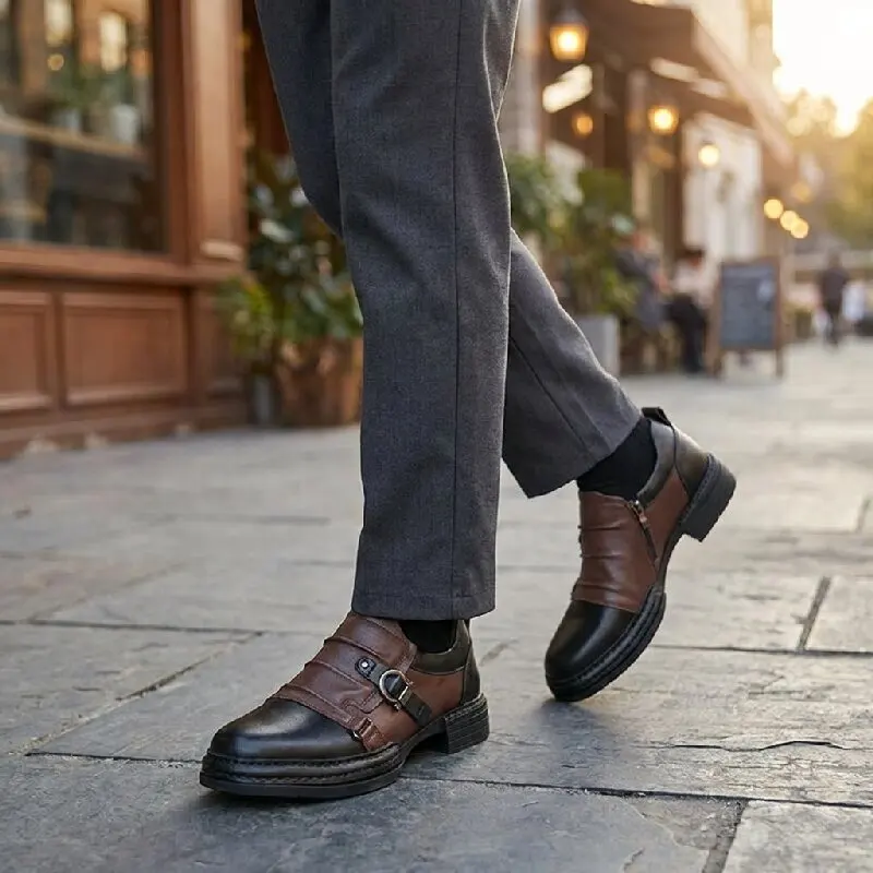 

Men Derby Shoes Side Zipper British Retro Color-splashed Stylish Business Leather Shoes Thick Sole with Anti-slip Properties
