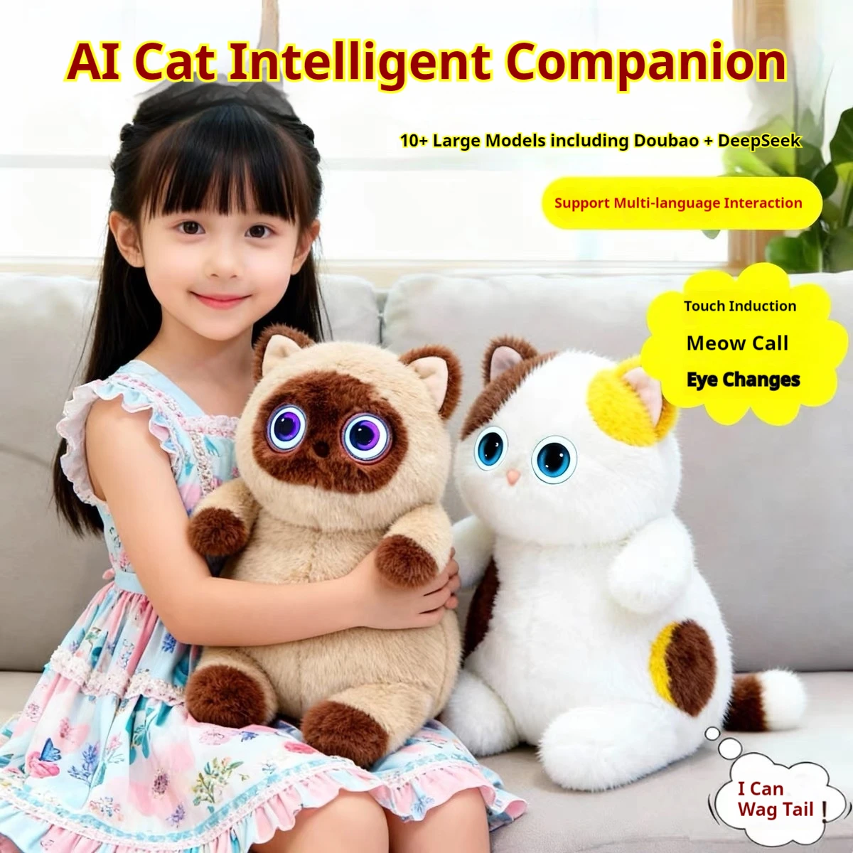 Juguete de Peluche Interactivo Inteligente con IA, Gato con Ojos Emocionales Sensibles al Tacto Multimodal, Cola Móvil Inductiva por Gravedad, Regalo Creativo