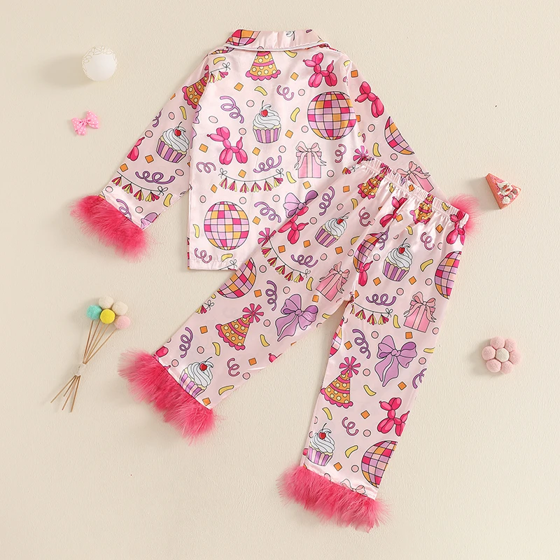 1-9Years Toddler Girls Birthday Pajamas Sets Fur Trim Long Sleeve Bow Print Shirt + Long Pants Kids Infant Sleepwear Homewear