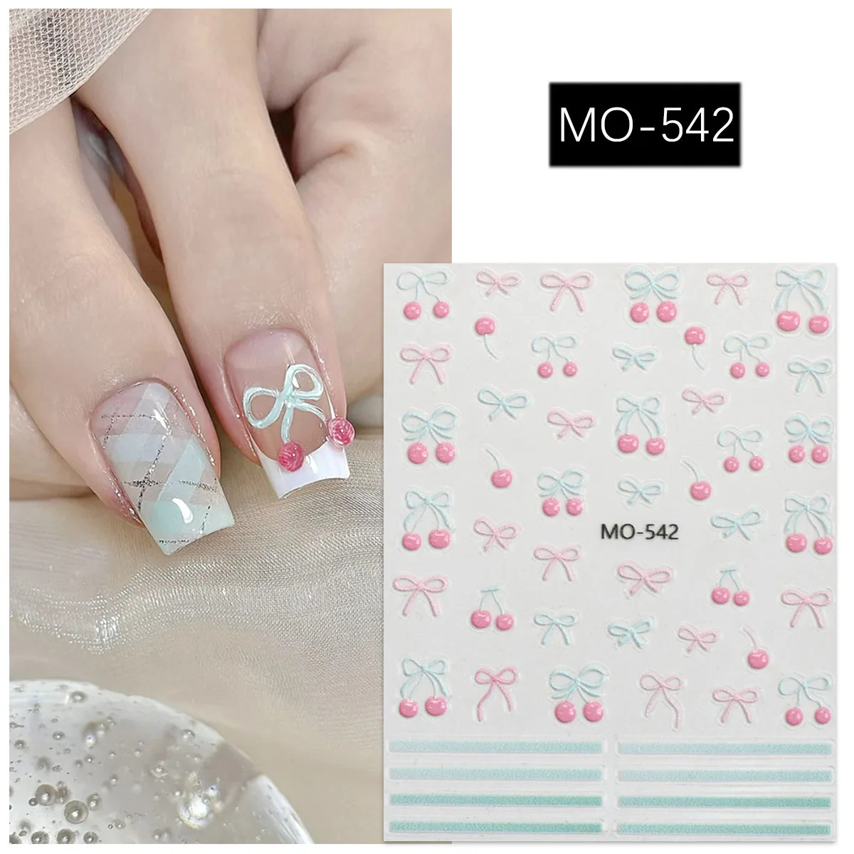 1 stks 3D Mint Cherry Strik Verse Jelly Nail Charm Stickers Reliëf Slider Decals Zomer Zelfklevende Manicure Decoratie