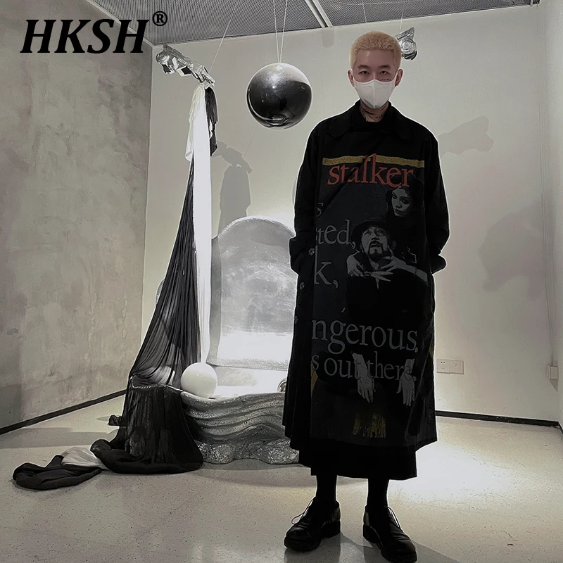 

HKSH Autumn Winter New Original Design Dark Men's Tide Punk Windbreaker Chic Gothic Coat Wool Windcoat Streetwear Blazer HK2183