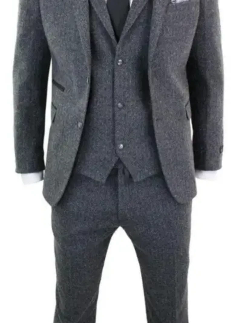 3 Piece Gray Wool Tweed Winter Suit for Men Herringbone Slim Fit Formal Groom Tuxedo Wedding Male  Suits (Jacket+Vest+Pants)