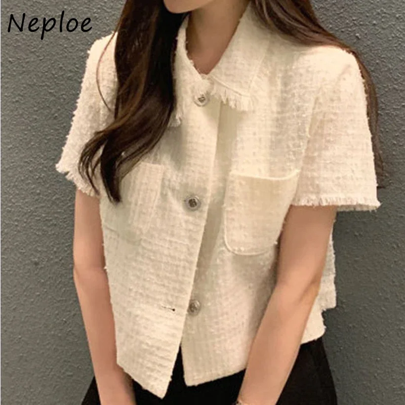 Neploe Korean Fashion Vintage Coat Turn Down Collar Solid Color Short Sleeve Jackets Pockets Tassel Single-breasted Outerwear