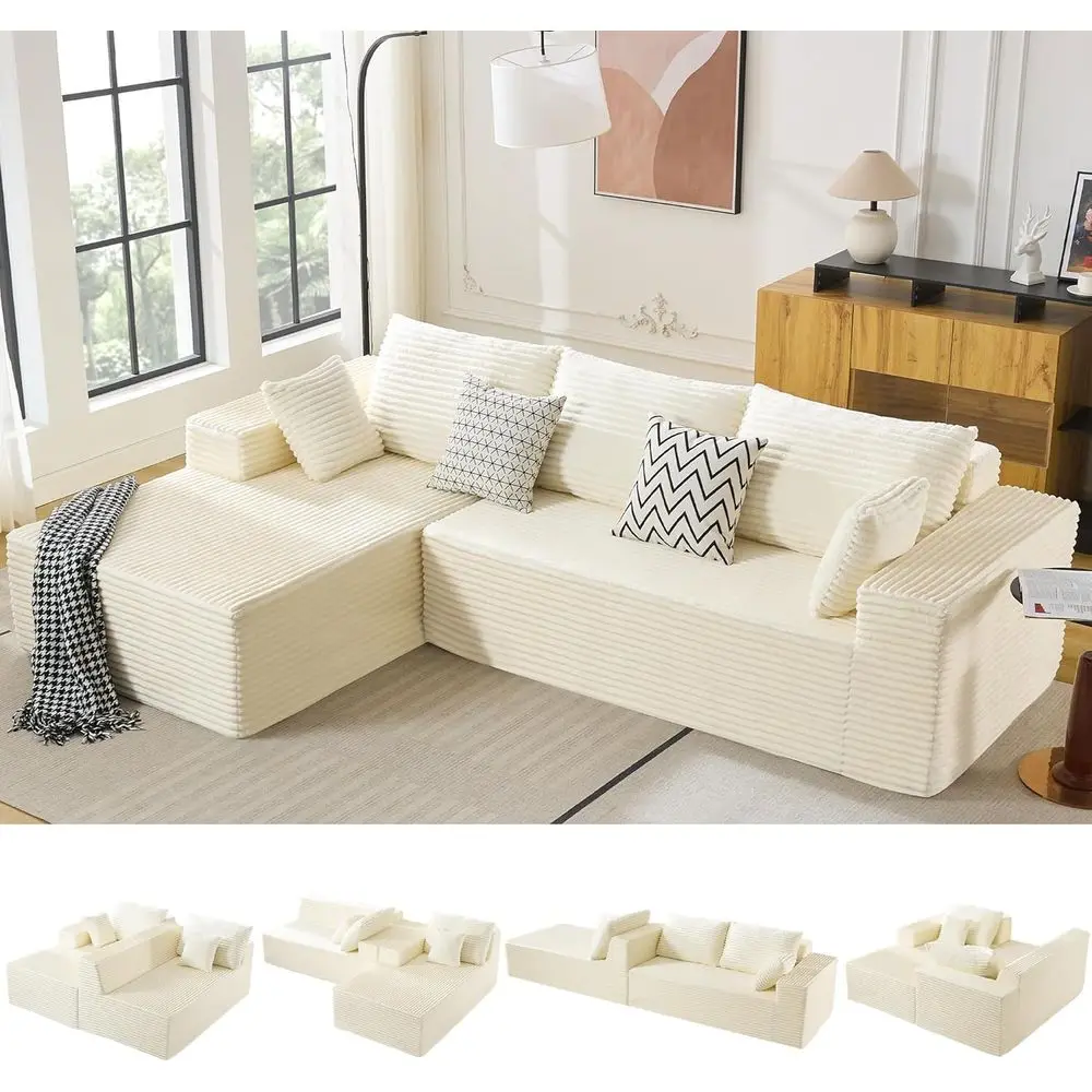 

110-дюймовый угловой диван-шезлонг «Облако», белый вельвет, не требует сборки, для гостиной