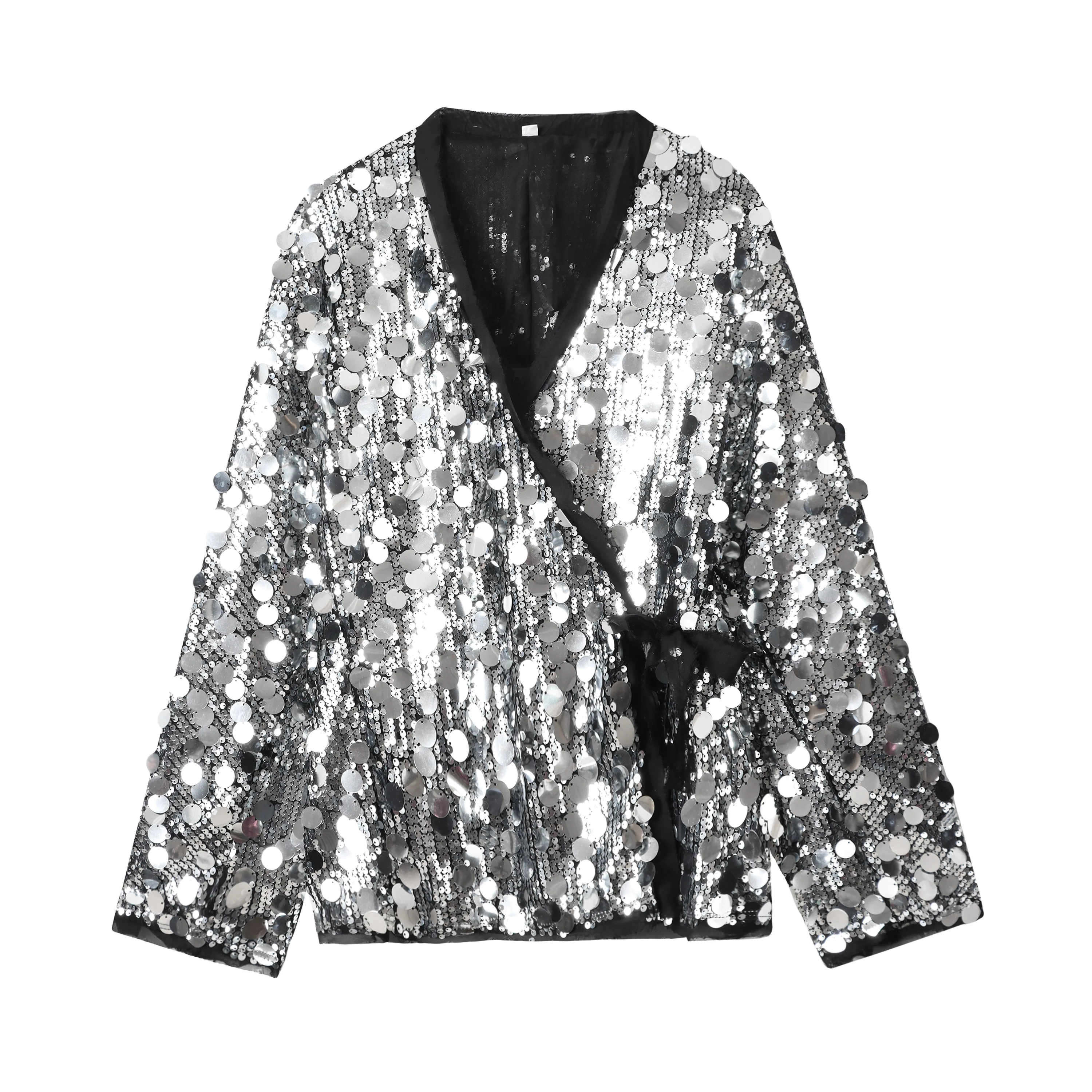 YENKYE New Autumn Women Sequin Kimono Jacket Coat Long Sleeve V Neck Female Casual Loose Outerwear Chic Lady Wrap Outfits 14 S114f237a117e4f79a8e2f7c4b453ab79B