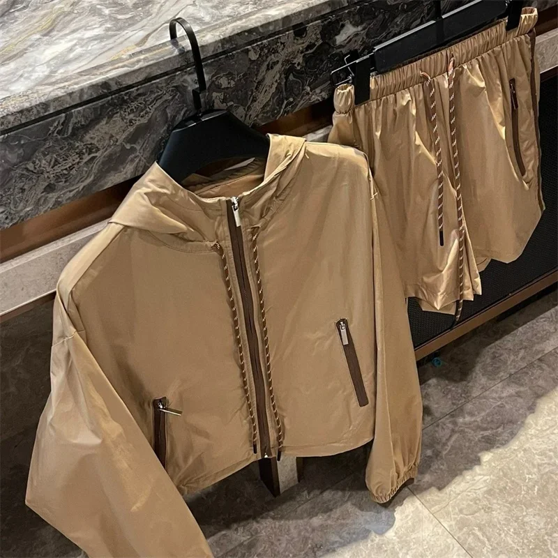 Nylon Tie Coat Women Set & Pants M196651 Clothing High Quality Spring Summer Streetwear Rope Lacing Design Khaki Colour New 2024