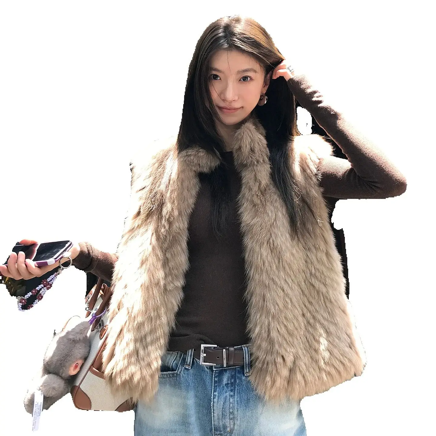 Fox fur striped fur vest, women's short stand-up collar, slimming new coat.