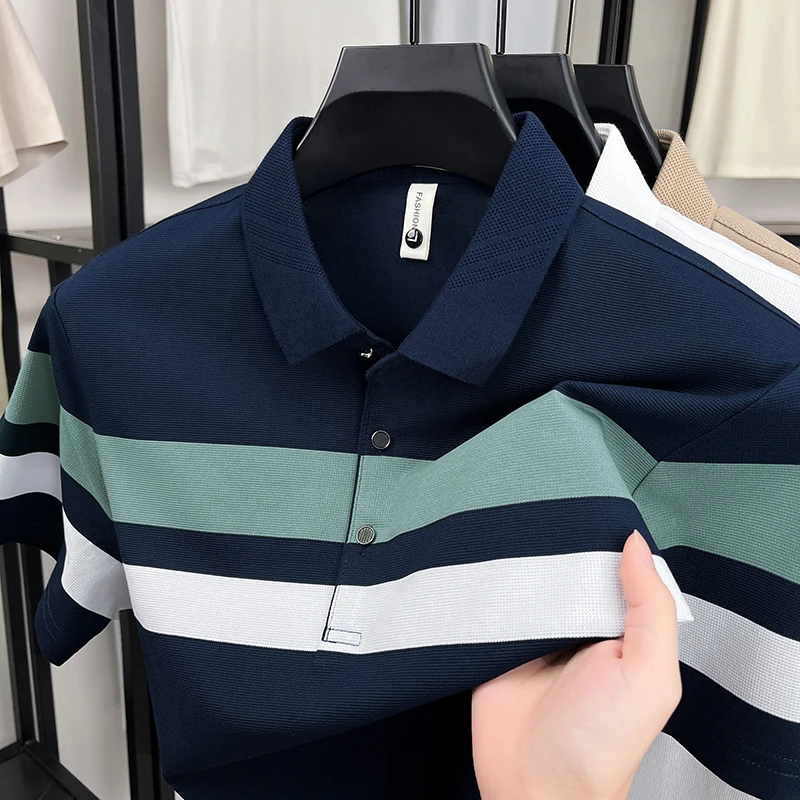 

Men's Striped Polo Shirt Short Sleeve Contrast Color Lapel Cotton Blend Summer T-Shirt Stretchy Casual Business Golf Sportswear