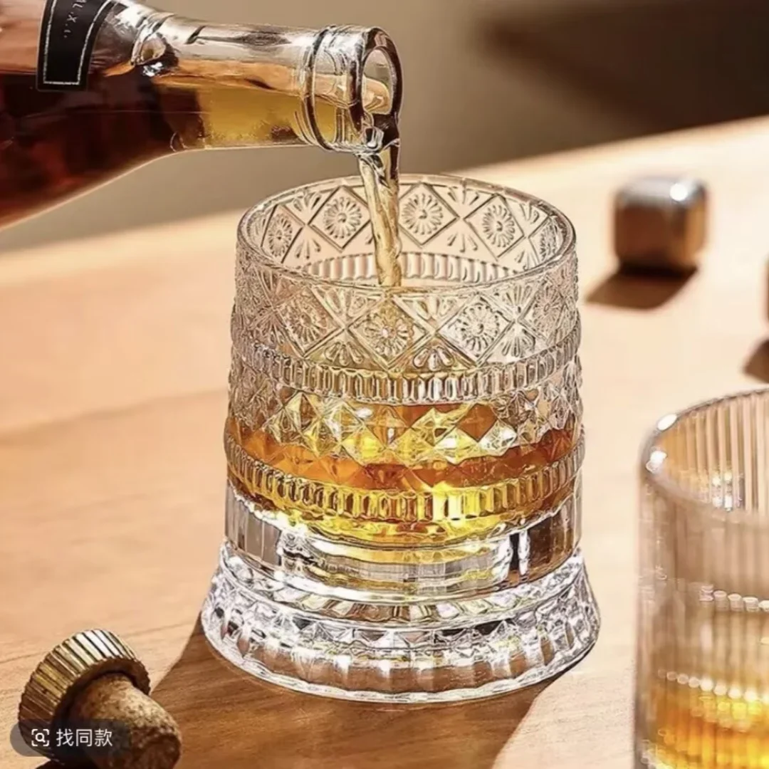 Creative 2026 New Whiskey Glasses Rotating Whisky Glass With Glass Base 360 Rotate Degrees Crystal Rum Glass For Cocktail Party