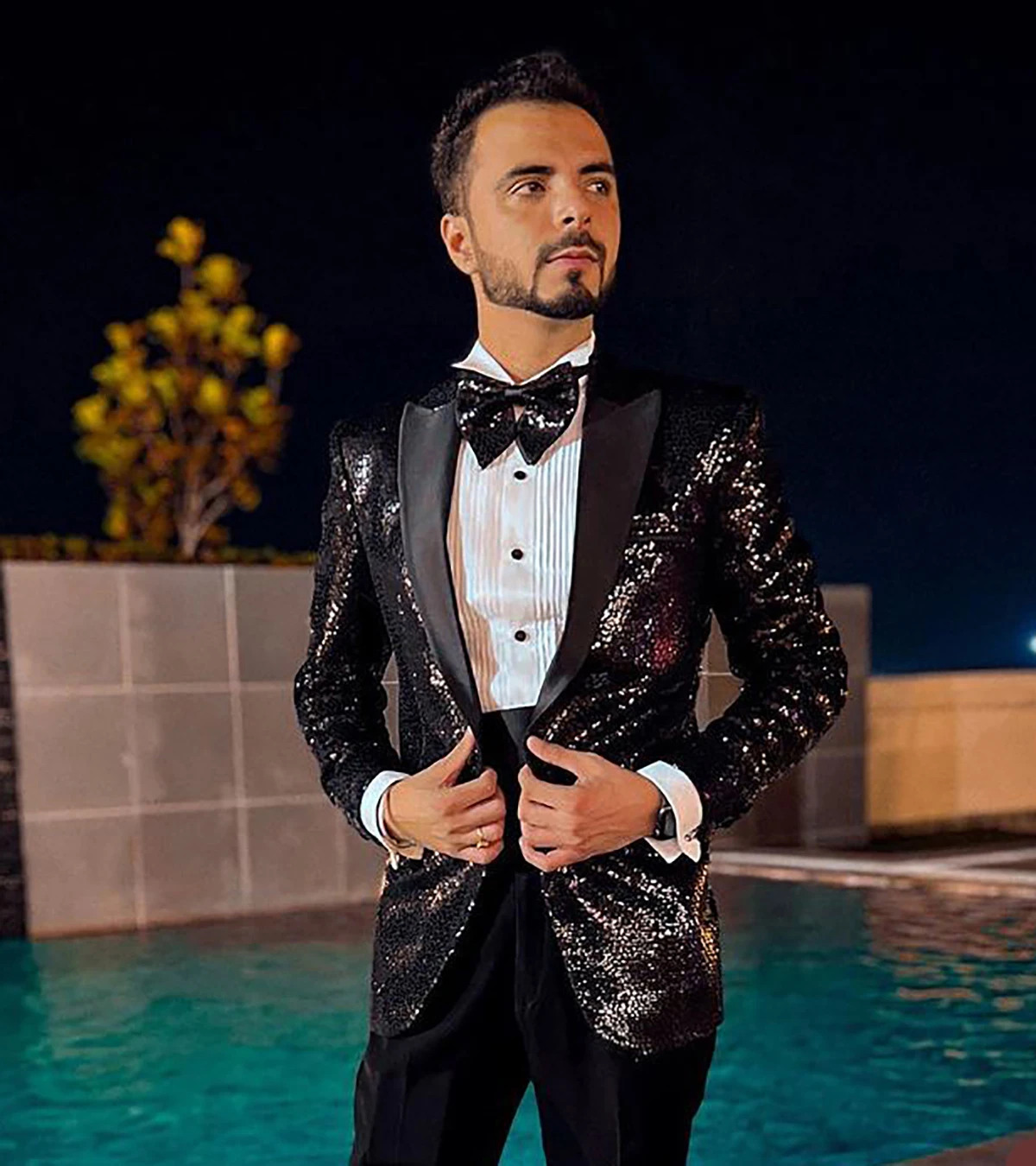 Smokings de mariage à paillettes noires pour hommes, veste à revers en satin pour hommes, bel homme, fête de Rh, tenue formelle, un blazer