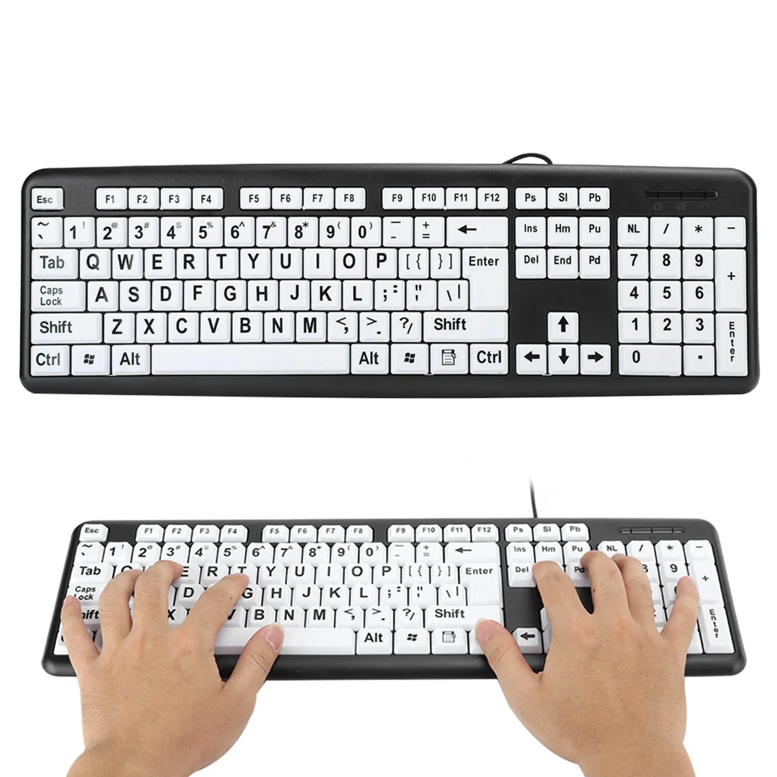 Black Low  Keyboard USB Wired Old People Keyboard with White Large Print Keys US Layout QWERTY Large Print Keyboard