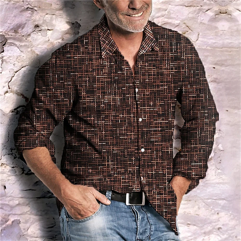 

Men's plus Size Long Sleeve Checkered Shirt Blue Gray Coffee Casual Streetwear Lapel Designer Spring Summer Hot Selling 2025