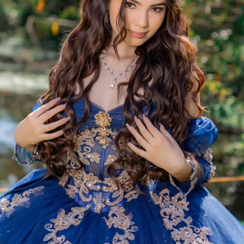 

Блестящее королевское синее платье Quinceanera, кружевное платье с кристаллами, тюль, золотые блестки, наклейка с бантом, платья de 15, Quinceanera ﻿ Индивидуальный