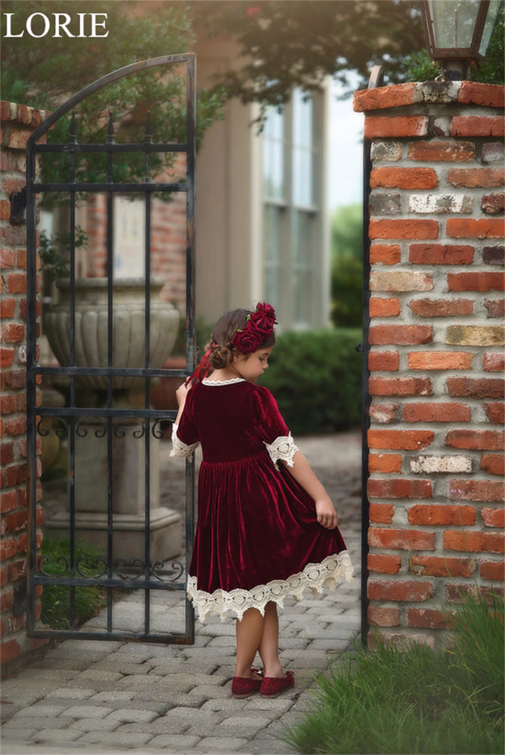 LORIE Elegant Burgundy Velvet Flower Girl Dresses Half Sleeves Lace Morocco Wedding Party Dress Girl Birthday Dress Customized