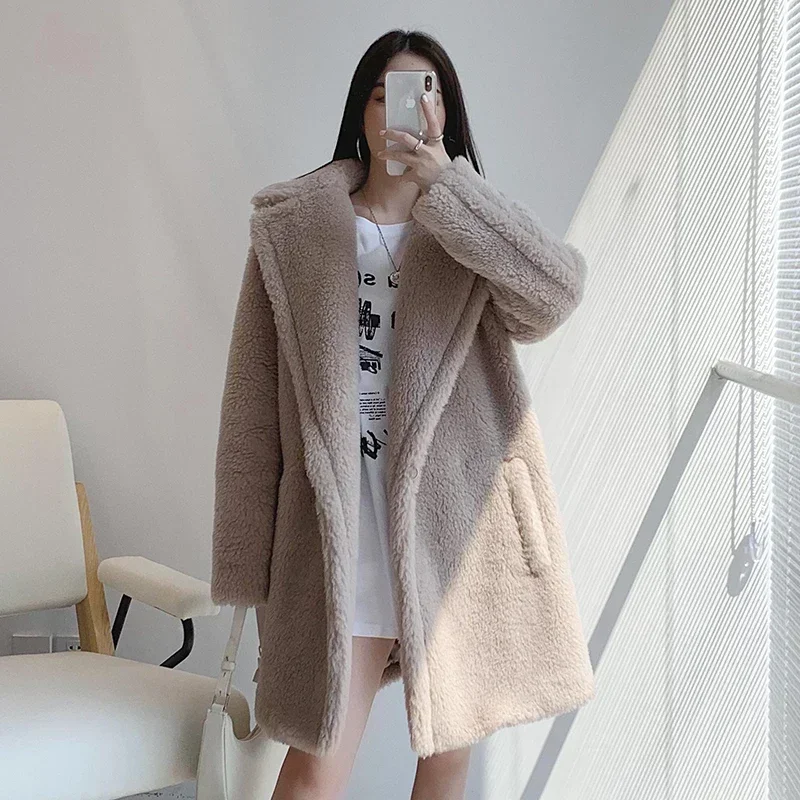 

Teddy Bear Short Coat Single Button Lapel Profile Coat High Quality 88% Camel Hair Mid-Length Coat Women Winter Warm Jacket