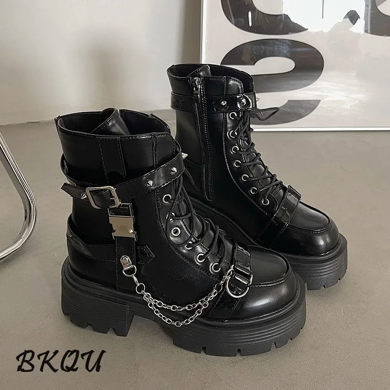 BKQU Platform Platform Ankle Boots Original Year Punk Round Head Autumn Hipster Spice New 2024 Chain Metal Trim Mary Jane