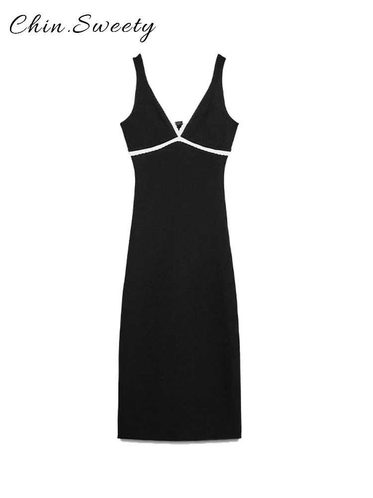 Elegante retalhos estilingue vestido longo feminino com decote em v sem mangas magro sereia vestidos femininos 2025 verão senhora chique high street robes