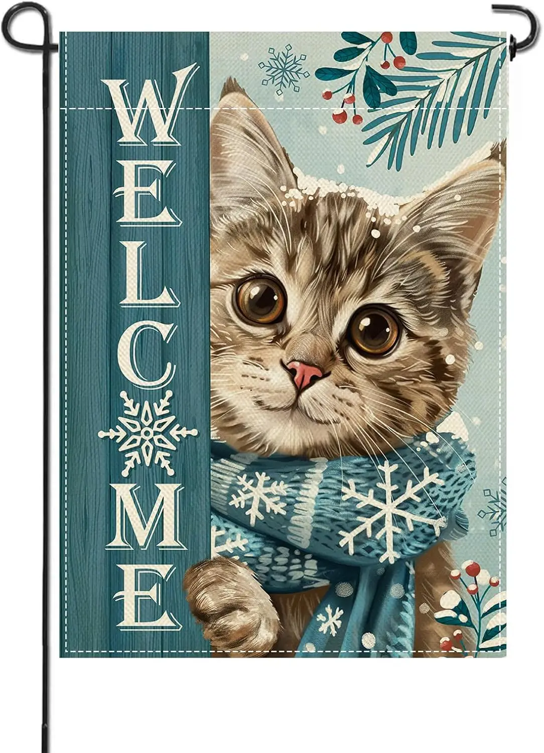 Artofy Welcome Winter Tabby Cat Blue Small Decorative Garden Flag, Farmhouse Yard Outside Decor Pet Owner Lover Gift, Rustic SSL
