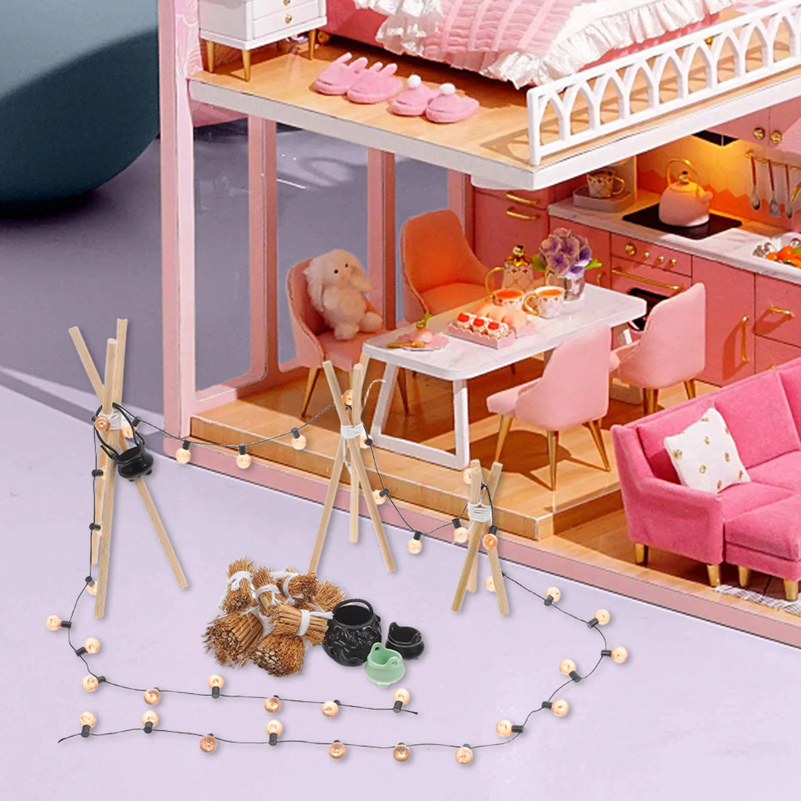 1 set mini falò da esterno decorazione falò in miniatura cremagliera in legno appeso calderone scena di Halloween mini accessori per la casa