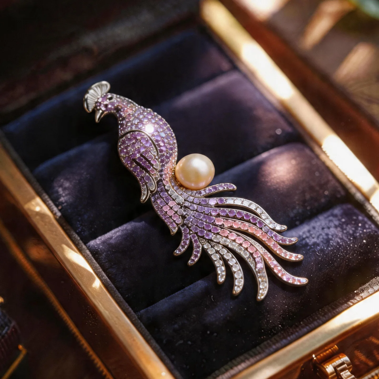 New High-end Heavy Industry Zircon Freshwater Pearl Purple Tassel Phoenix Brooches Luxury Design Animal Peacock Corsage Pins
