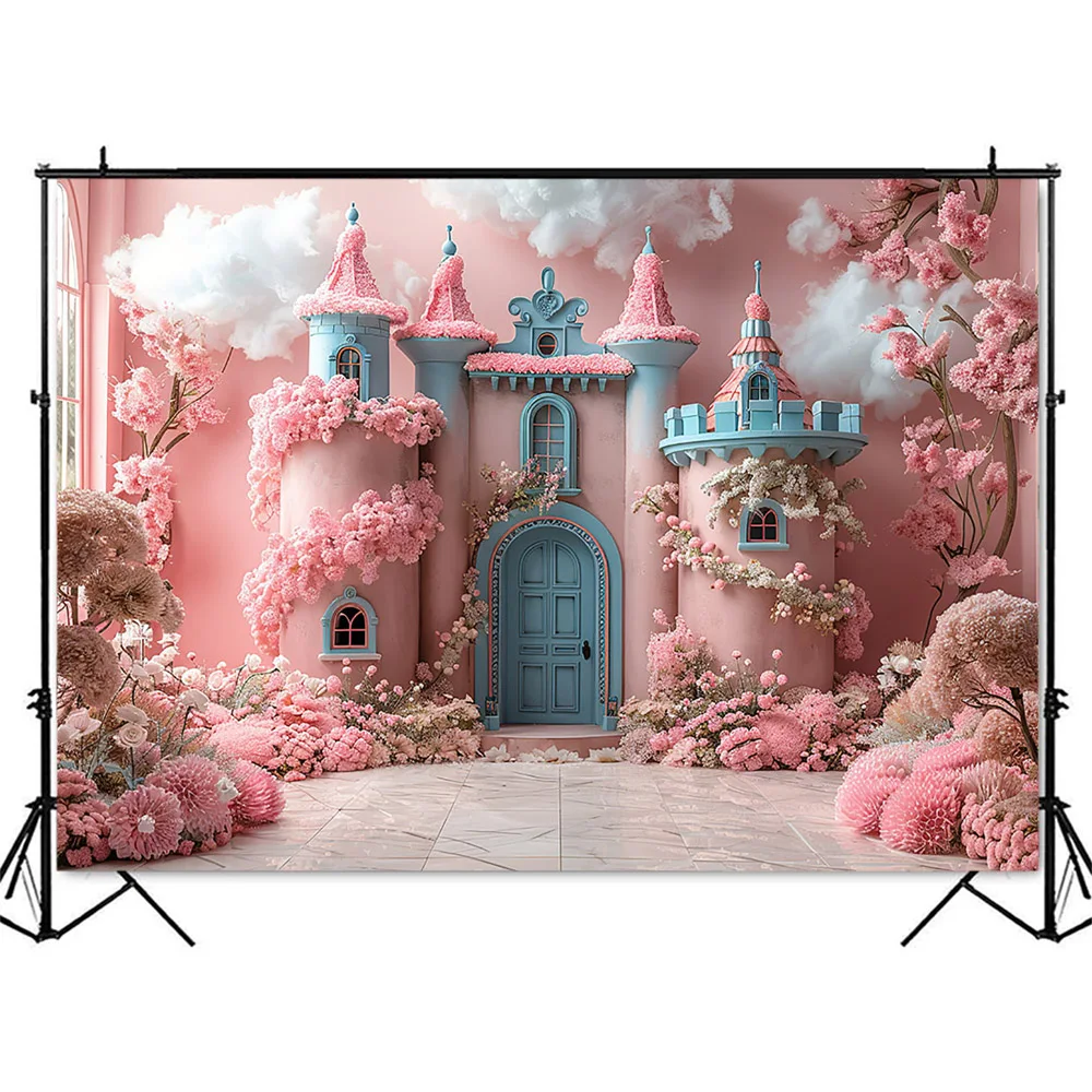 ฉากหลังรูปปราสาทสีพาสเทลสีชมพูน่ารักสำหรับถ่ายรูปเค้กสีขาวแบบชนเป็นรูปก้อนเมฆพื้นหลังอุปกรณ์ตกแต่งสำหรับเด็ก
