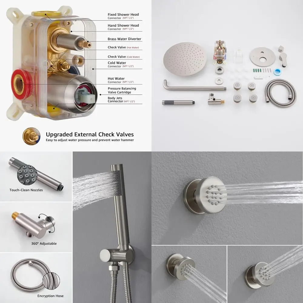 

Round Rain Shower System with 4 Body Jets, 3-Function Shower Faucet Set, Includes 12 Showerhead and Handheld, Wall-Mounted Pure