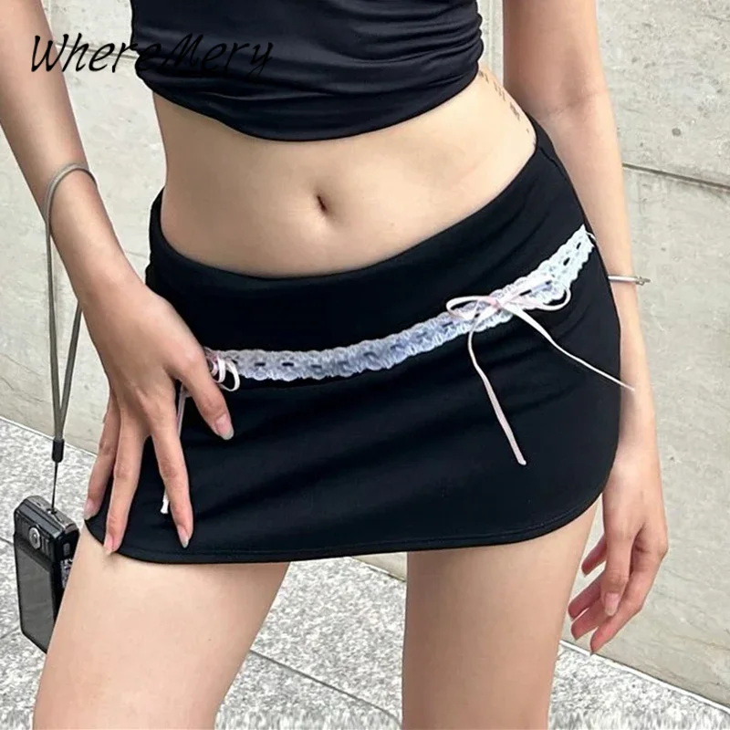 WhereMery Sexy Kant Stitch Zwarte Rok Y2K Boog Lace Up Hoge taille Hip Korte Jurk 2024 Zomer Streetwear Vakantie Bodycon Rokken