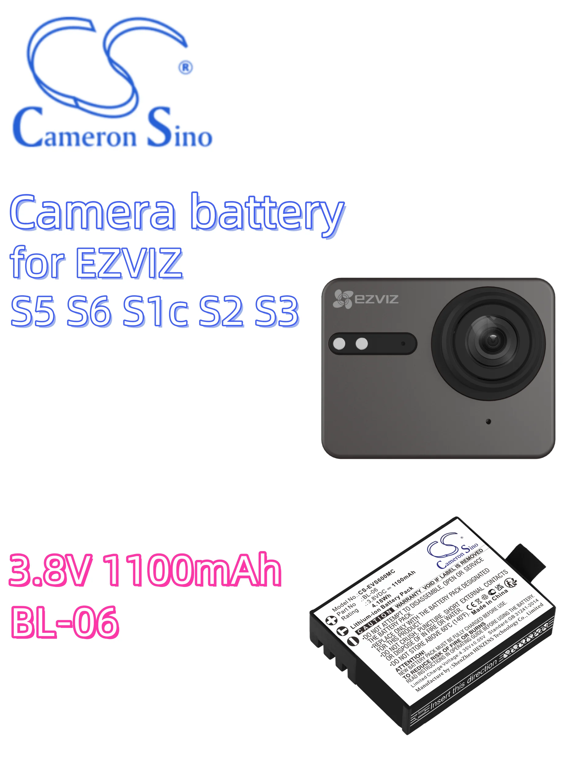 battery Cameron Sino Camera 3.8V 1100mAh for EZVIZ S5 S6 S1c S2 S3 BL-06