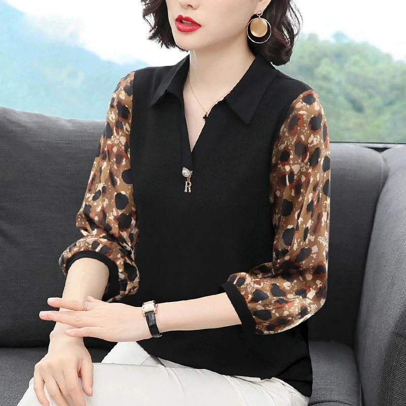 Women Spring Summer Style Blouses Shirts Lady Casual Turn-down Collar Patchwork Chiffon Blusas Tops