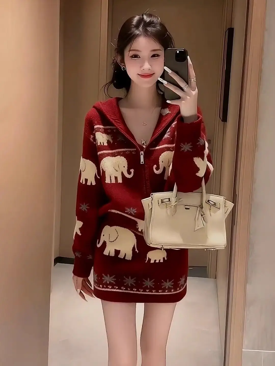 Red Knitted Jacquard Set Women's New Autumn/Winter Korean Edition Age Reducing Top Half Skirt Two Piece Set