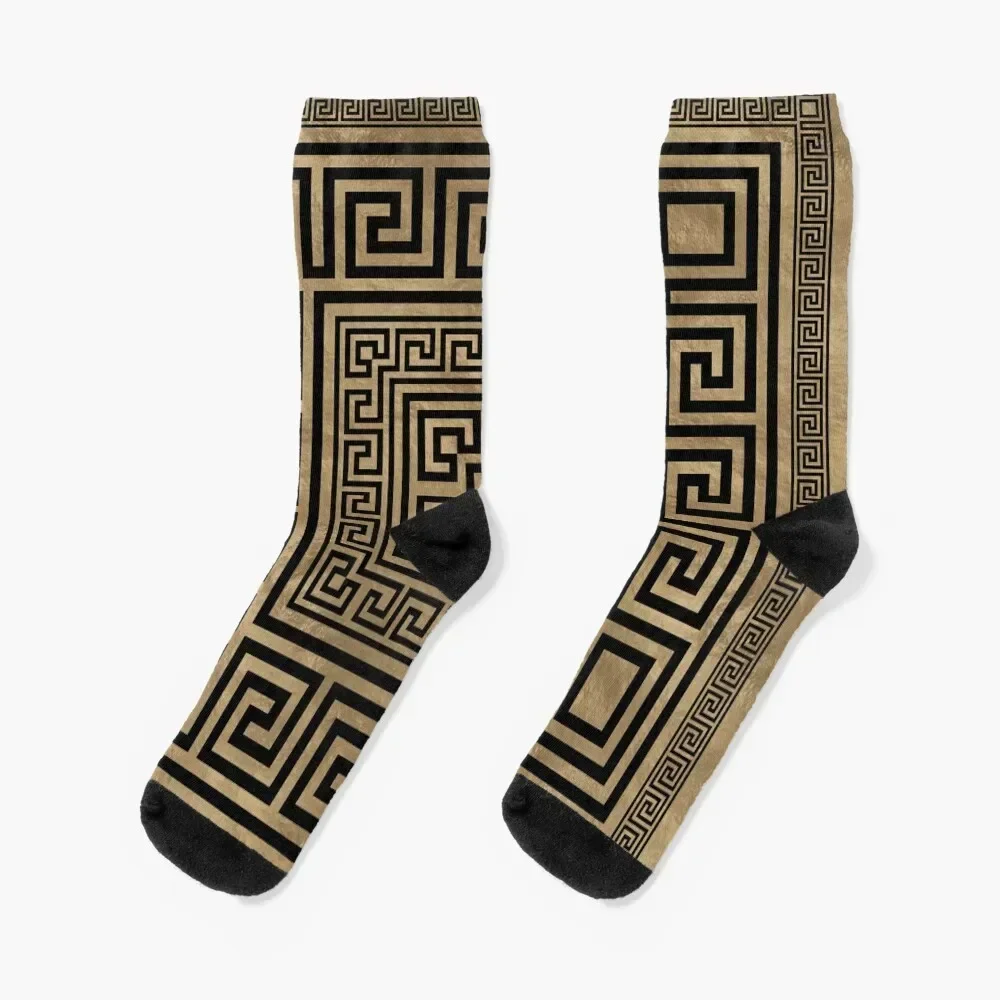 Greek Key Ornament - Greek Meander -Black on gold Socks man gym funny sock Socks Women Men's