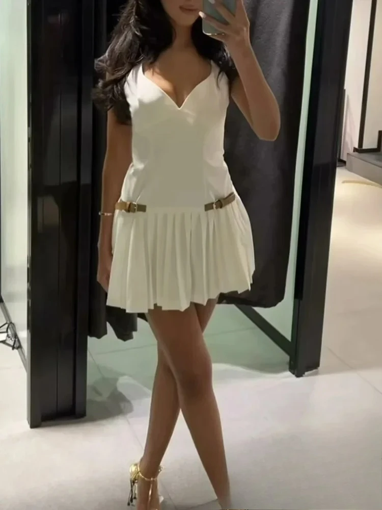 KONDALA Vintage Chic Casual Vestito Delle Donne Solido Cami Senza Maniche Telai A Pieghe Mini Abiti di Nuovo Modo 2024 Vestito da Vacanza Estiva