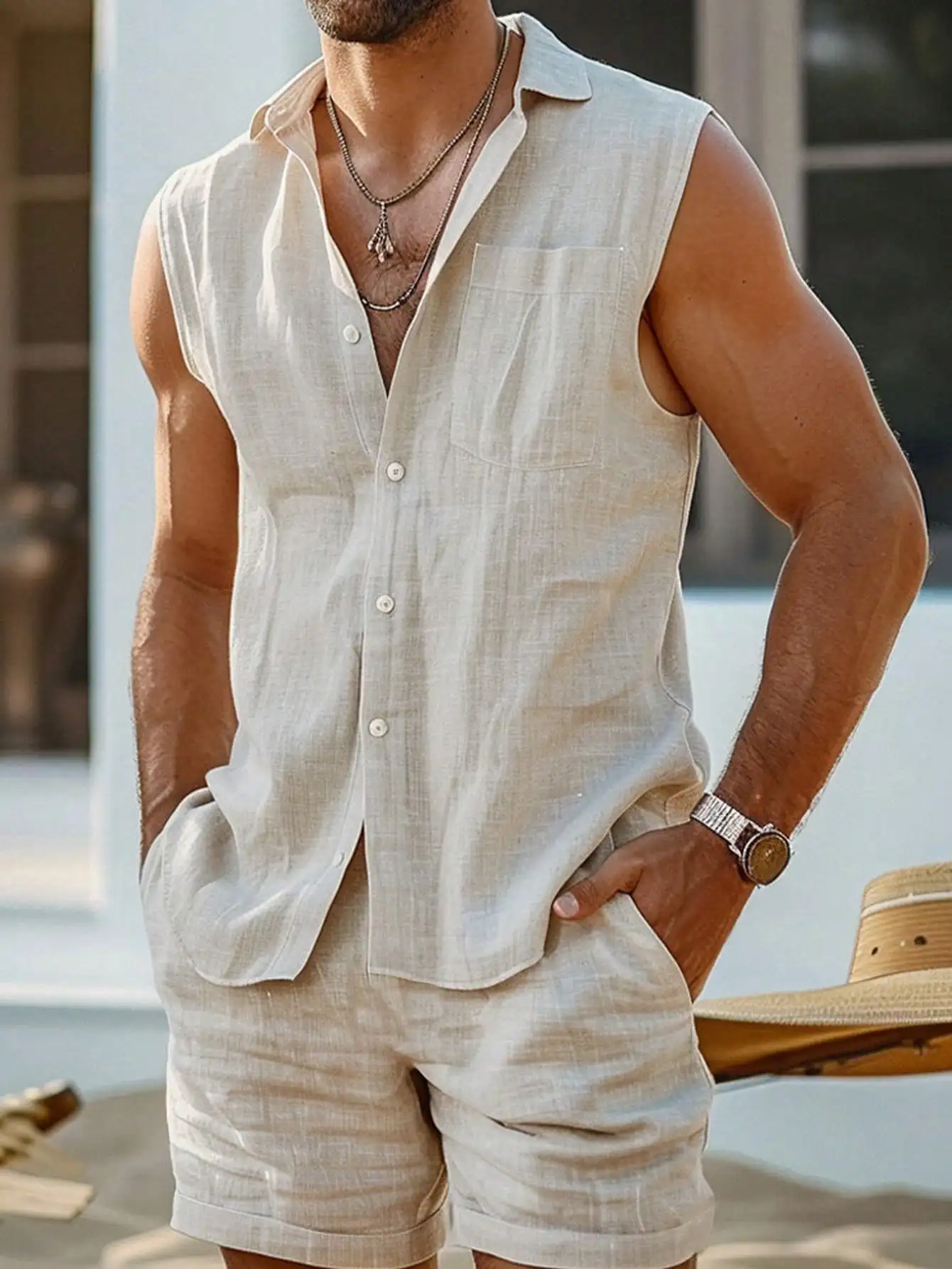 

Мужской комплект из льняной смесовой ткани: рубашка без рукавов и шорты, повседневная пляжная одежда