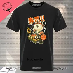 メンズカワイイ日本のシェフの仕事の猫のプリントTシャツ、コットンのストリートウェア、カジュアルファッション、夏、カワイイ