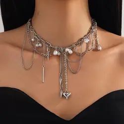 Ingemark Multilayer Tassel Love Heart Pendant Choker Necklace for Women Trend Punk Silver Color Metal Chain Party Jewelry Gift